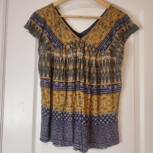 LUCKY Brand Bandana Short Sleeve Peasant Top, V-Neck Blue & Yellow Size Large